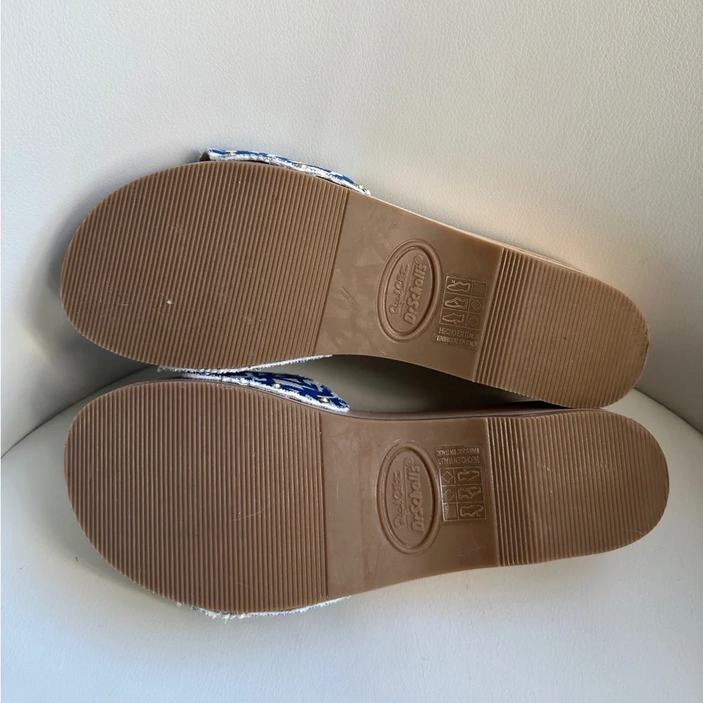 Ganni x Dr. Scholls Blue and White Patterned Wood Platform Slide Sandals